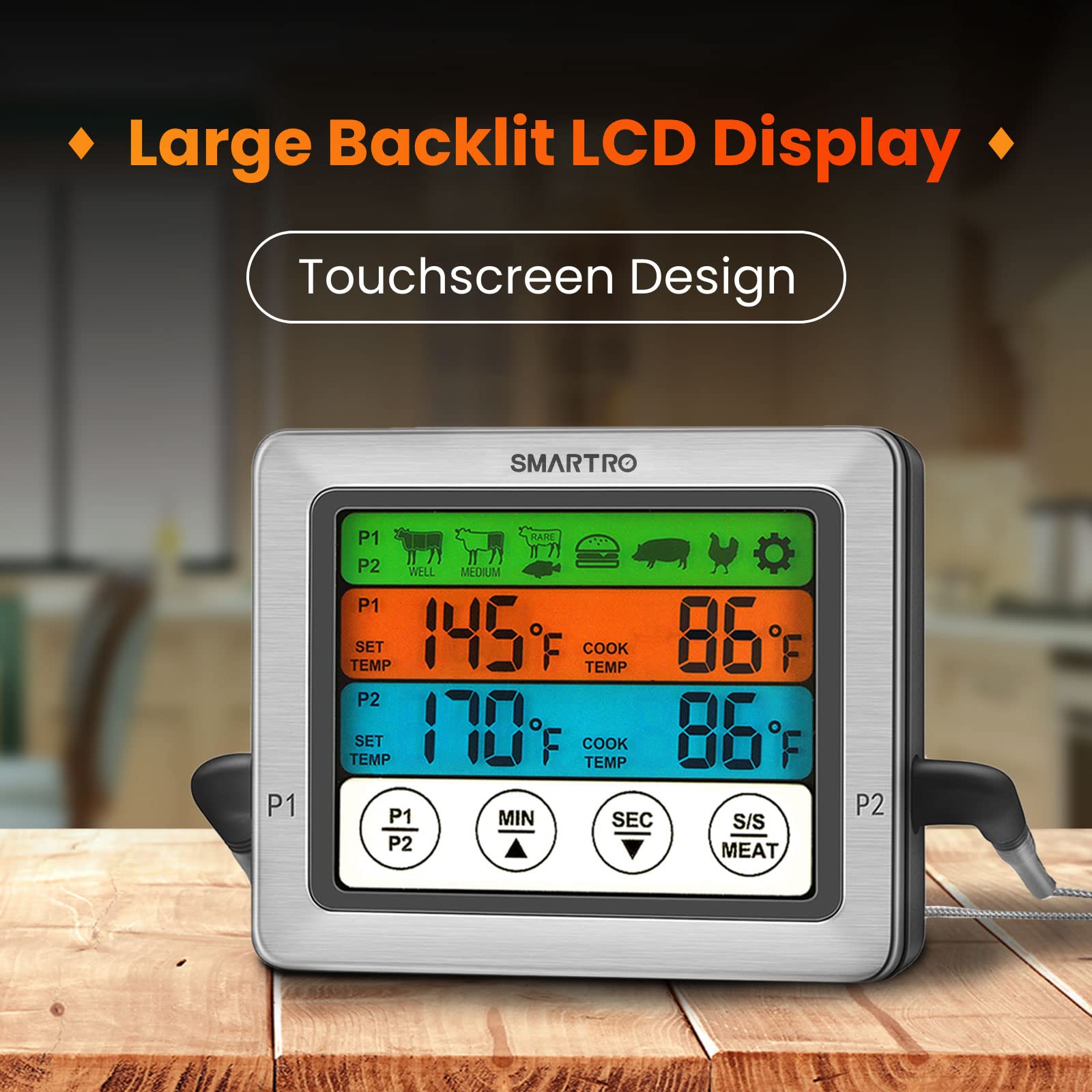 Smartro St54 Dual Probe Digital Meat Thermometer For Cooking Food Kitchen Oven Bbq Grill With Timer Mode And Commercial-Grade Pr